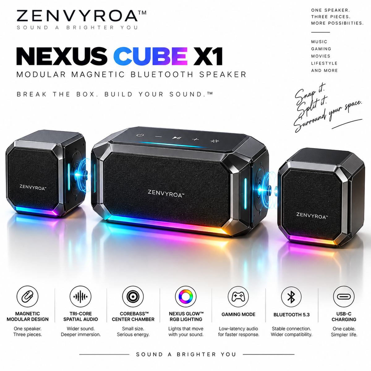 ZENVYROA™ NEXUS CUBE X1  Modular Magnetic Spatial Bluetooth Speaker