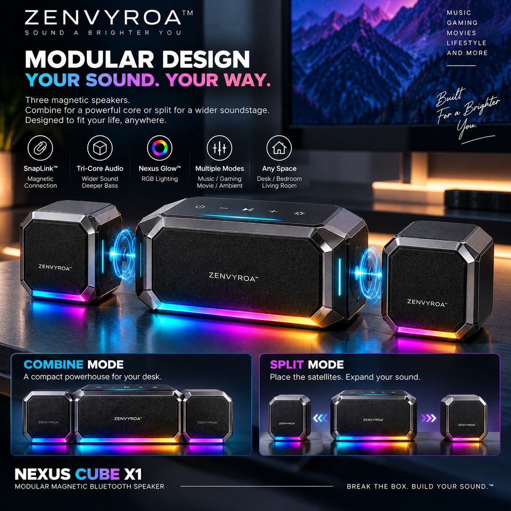 ZENVYROA™ NEXUS CUBE X1  Modular Magnetic Spatial Bluetooth Speaker