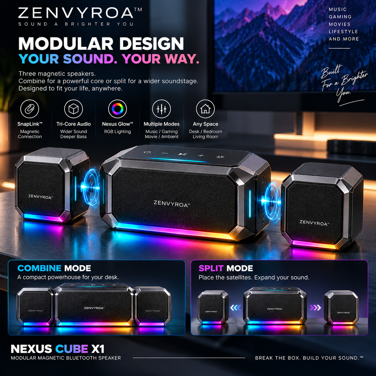 ZENVYROA™ NEXUS CUBE X1  Modular Magnetic Spatial Bluetooth Speaker