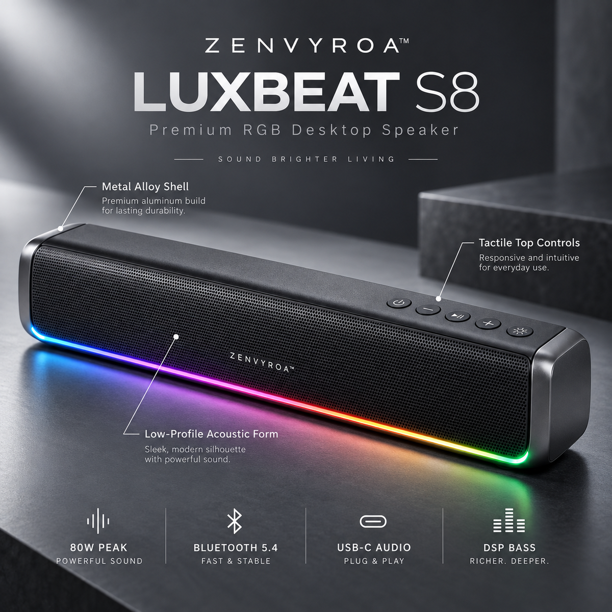 ZENVYROA™ LUXBEAT S8 Premium RGB Desktop Speaker