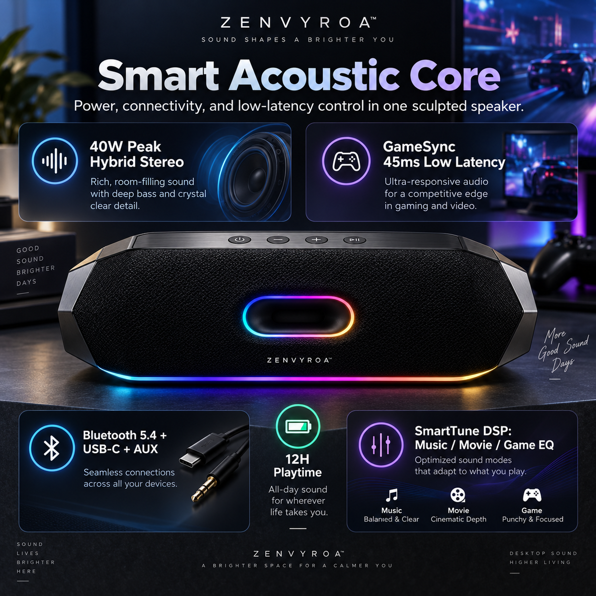 ZENVYROA™ HaloForge S8  Premium Wireless RGB Speaker