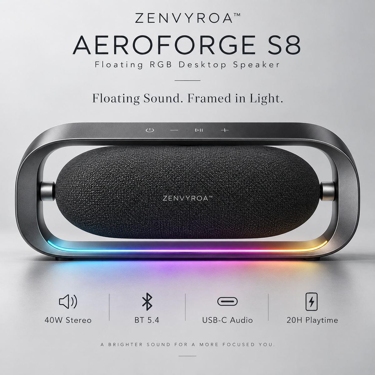 ZENVYROA™ AEROFORGE S8  Floating RGB Desktop Speaker