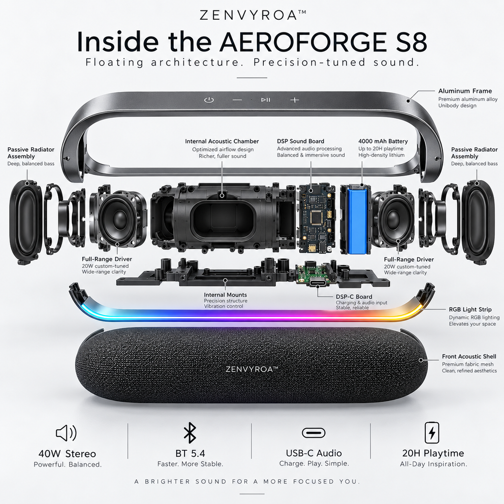 ZENVYROA™ AEROFORGE S8  Floating RGB Desktop Speaker