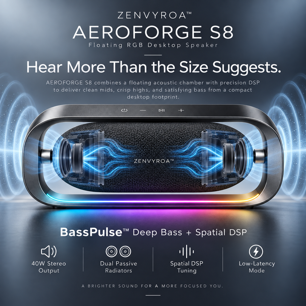 ZENVYROA™ AEROFORGE S8  Floating RGB Desktop Speaker