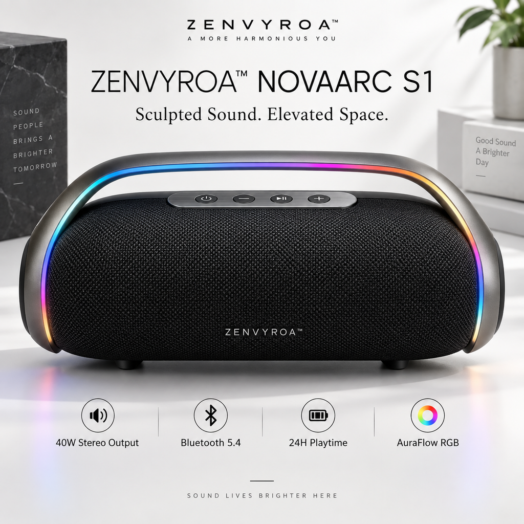 ZENVYROA™ NOVAARC S1 Wireless RGB Stereo Speaker  Slogan:  Sculpted Sound. Elevated Space.