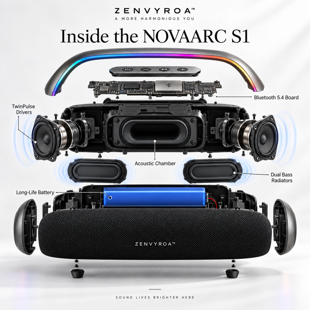 ZENVYROA™ NOVAARC S1 Wireless RGB Stereo Speaker  Slogan:  Sculpted Sound. Elevated Space.