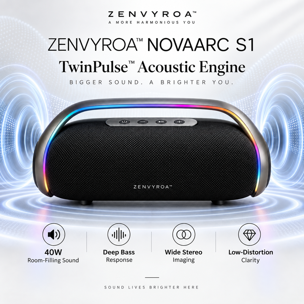 ZENVYROA™ NOVAARC S1 Wireless RGB Stereo Speaker  Slogan:  Sculpted Sound. Elevated Space.