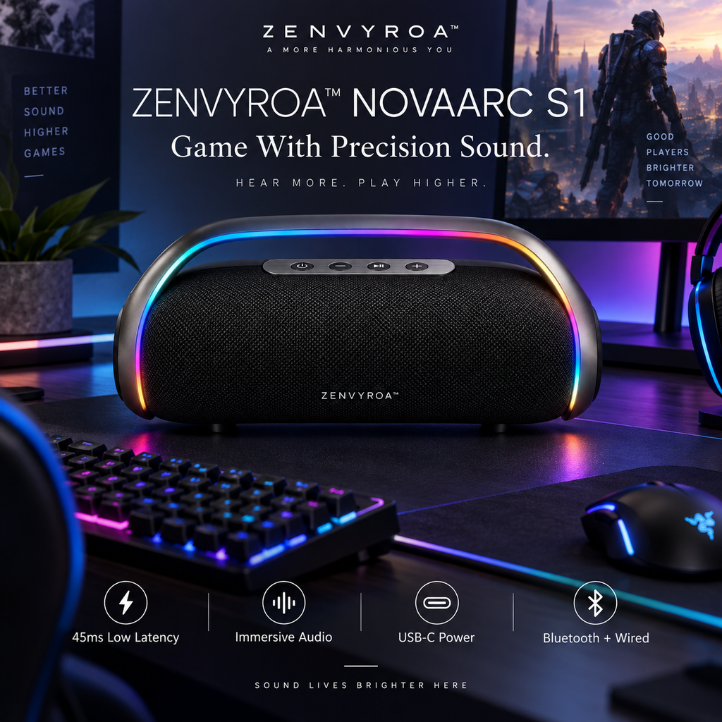 ZENVYROA™ NOVAARC S1 Wireless RGB Stereo Speaker  Slogan:  Sculpted Sound. Elevated Space.