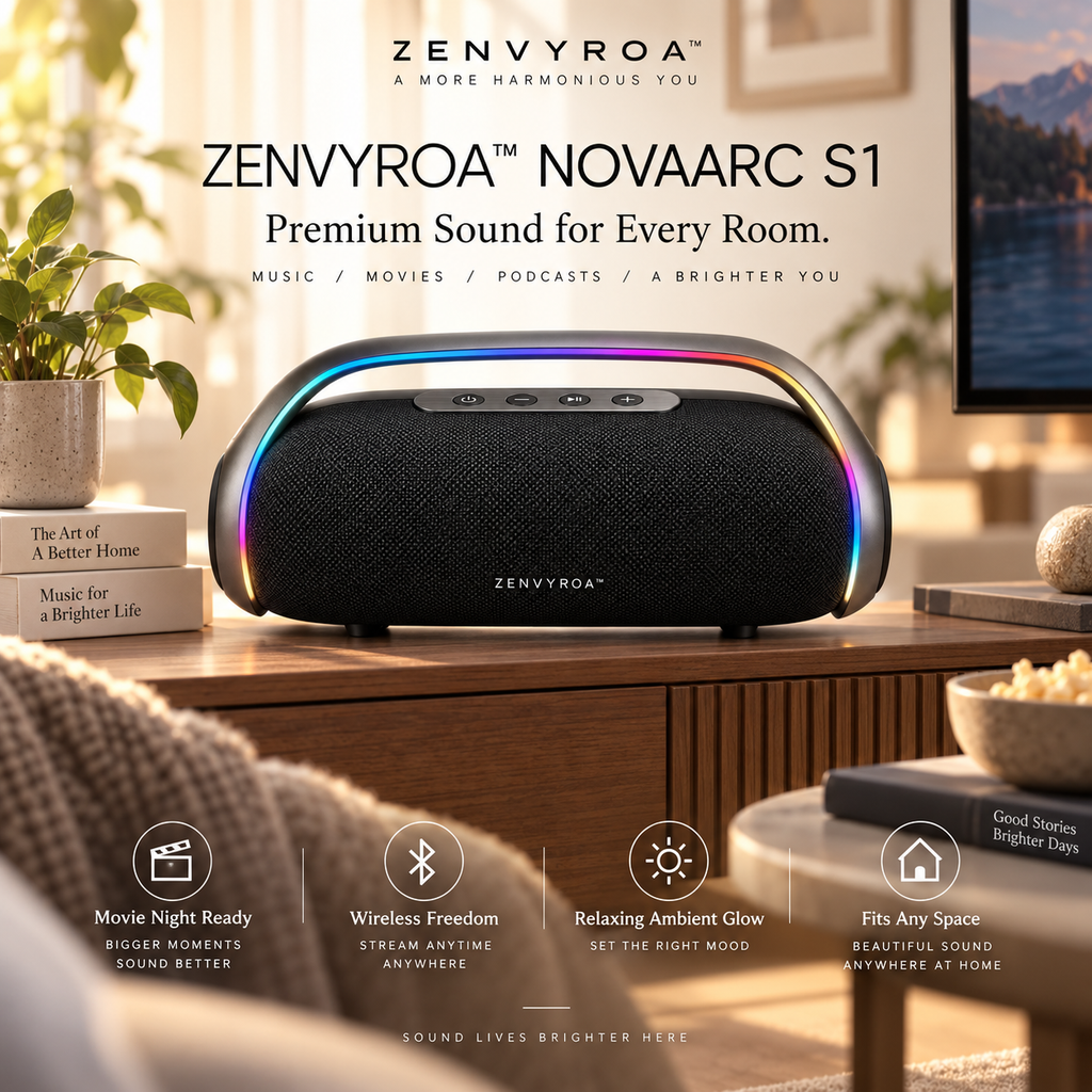 ZENVYROA™ NOVAARC S1 Wireless RGB Stereo Speaker  Slogan:  Sculpted Sound. Elevated Space.