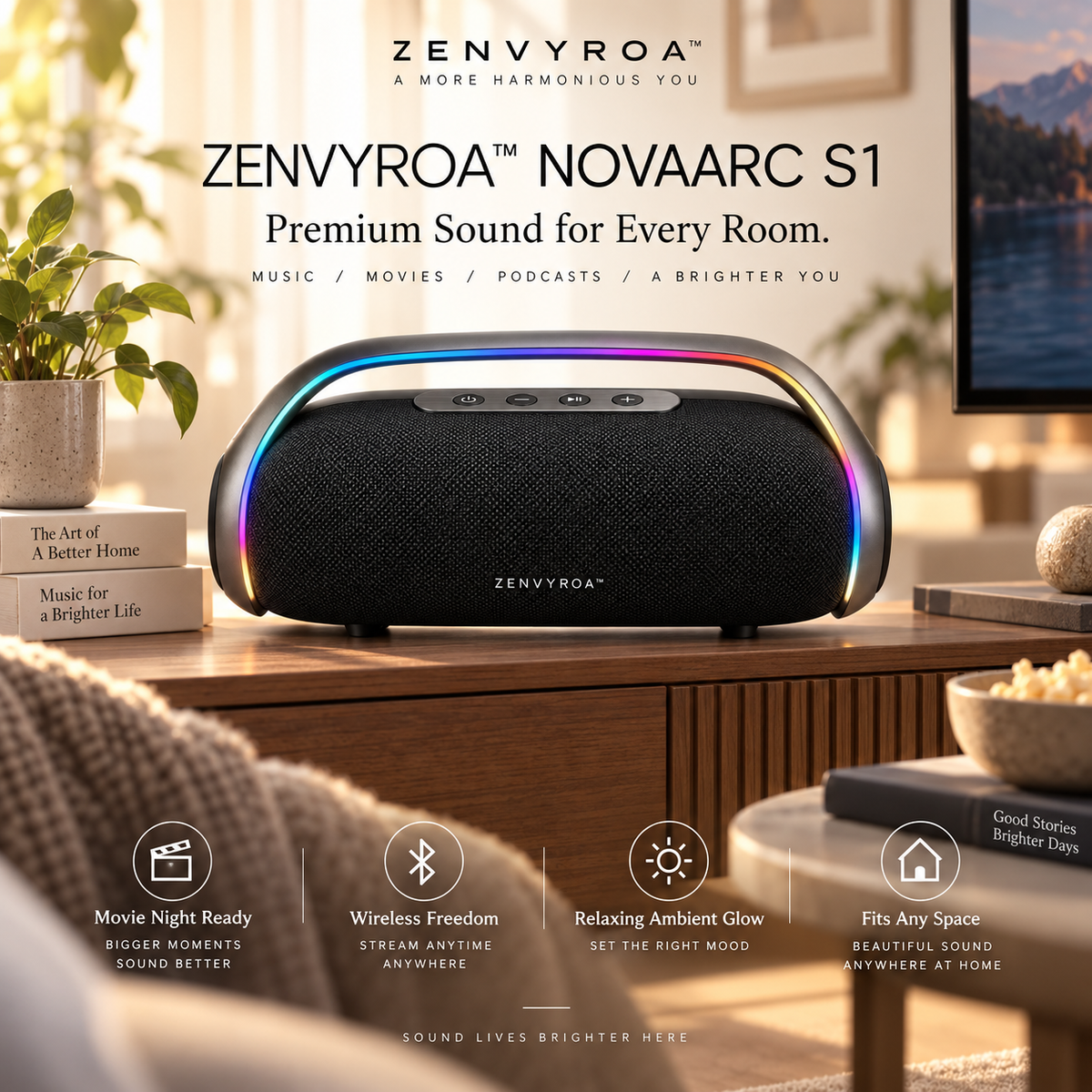 ZENVYROA™ NOVAARC S1 Wireless RGB Stereo Speaker  Slogan:  Sculpted Sound. Elevated Space.
