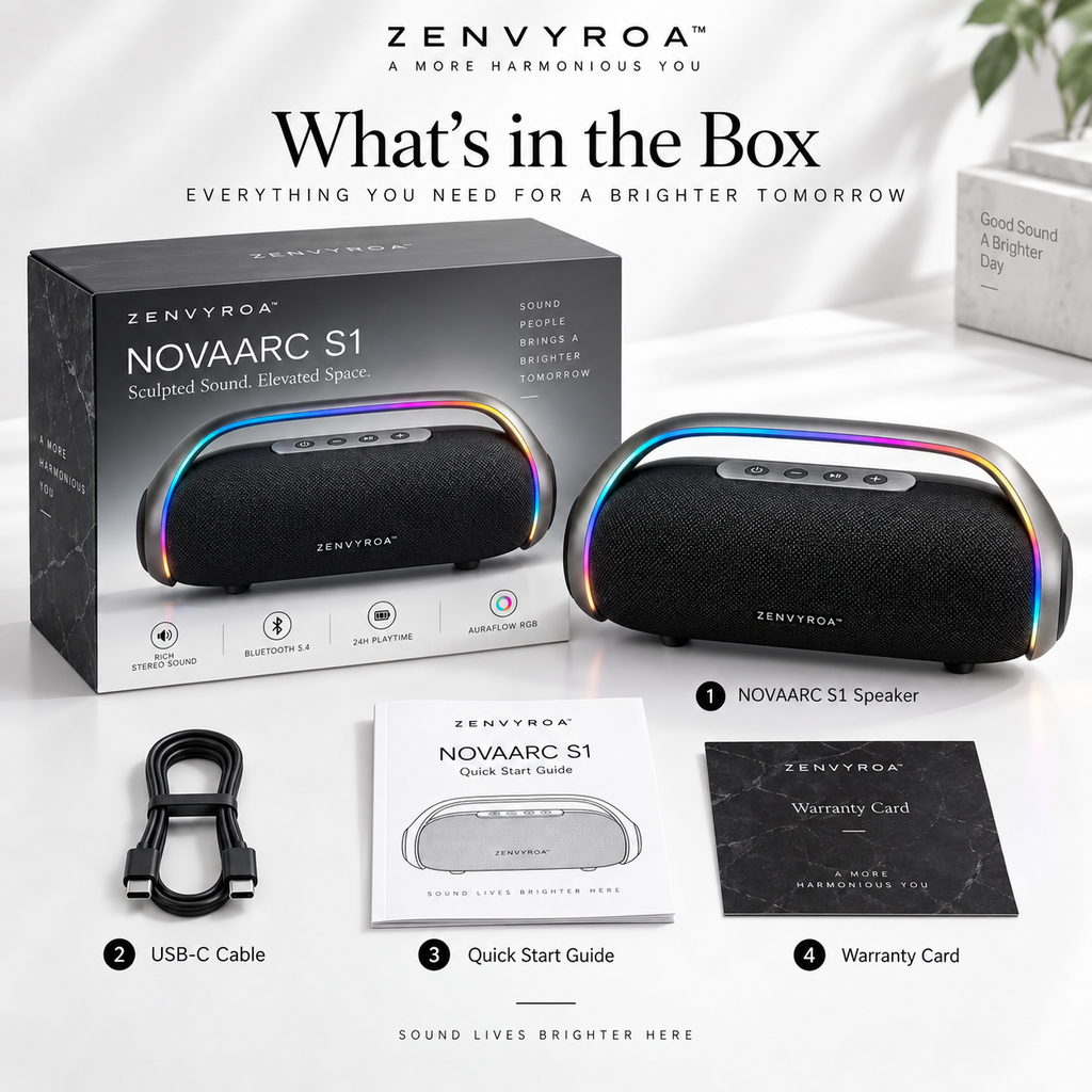 ZENVYROA™ NOVAARC S1 Wireless RGB Stereo Speaker  Slogan:  Sculpted Sound. Elevated Space.